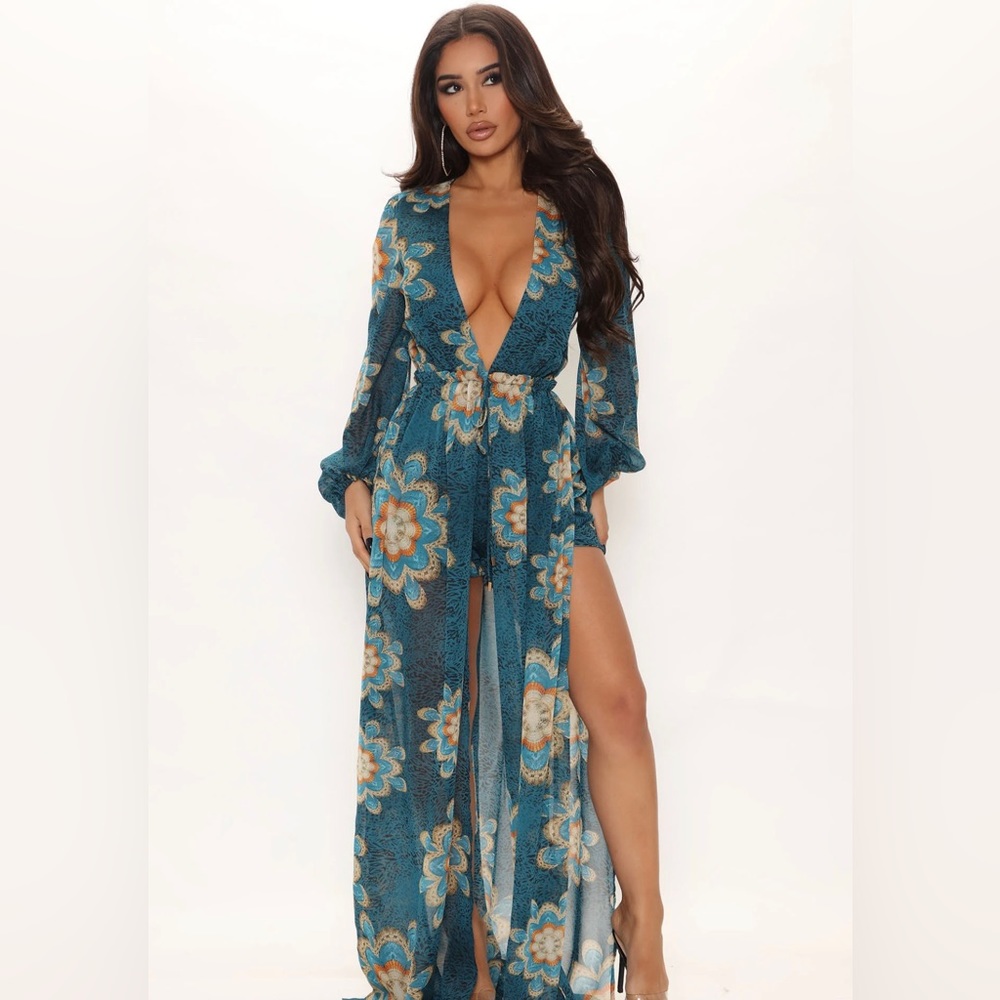 TEAL FLORAL ROMPER DRESS